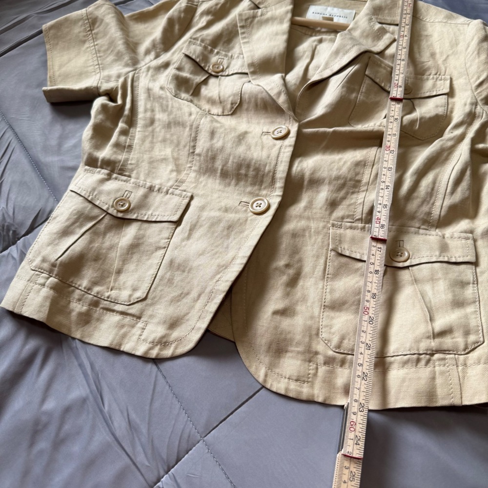 Banana Republic Blazer Women 14 Tan Excellent Linen Silk Short Sleeve Safari - Picture 7 of 7